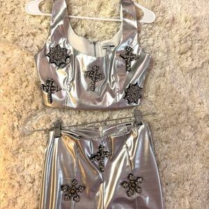 Fashion Nova Silver Dress with Black Cross Accents